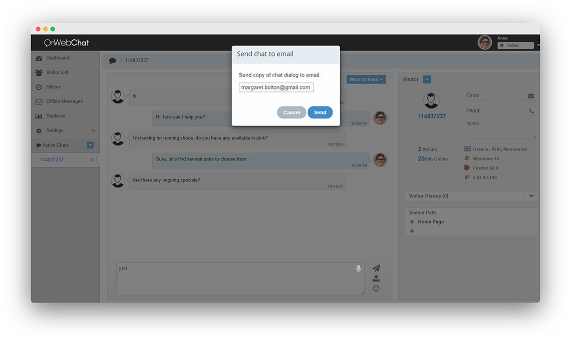 onWebChat - send chat to visitor email
